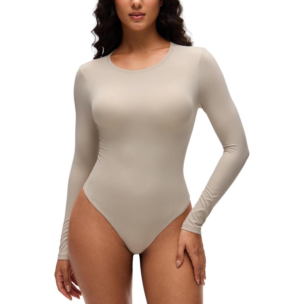 imageCRZ YOGA Softembrace Long Sleeve Bodysuits for Women Crewneck Basic Casual Travel Thong Body Suits Fitted TopsMojave Tan