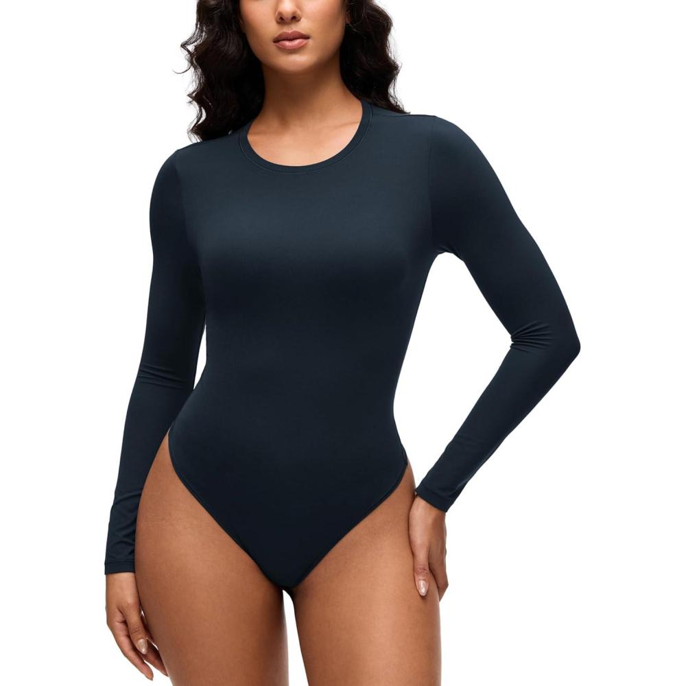 imageCRZ YOGA Softembrace Long Sleeve Bodysuits for Women Crewneck Basic Casual Travel Thong Body Suits Fitted TopsTrue Navy