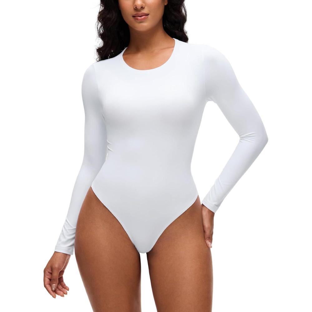 imageCRZ YOGA Softembrace Long Sleeve Bodysuits for Women Crewneck Basic Casual Travel Thong Body Suits Fitted TopsWhite