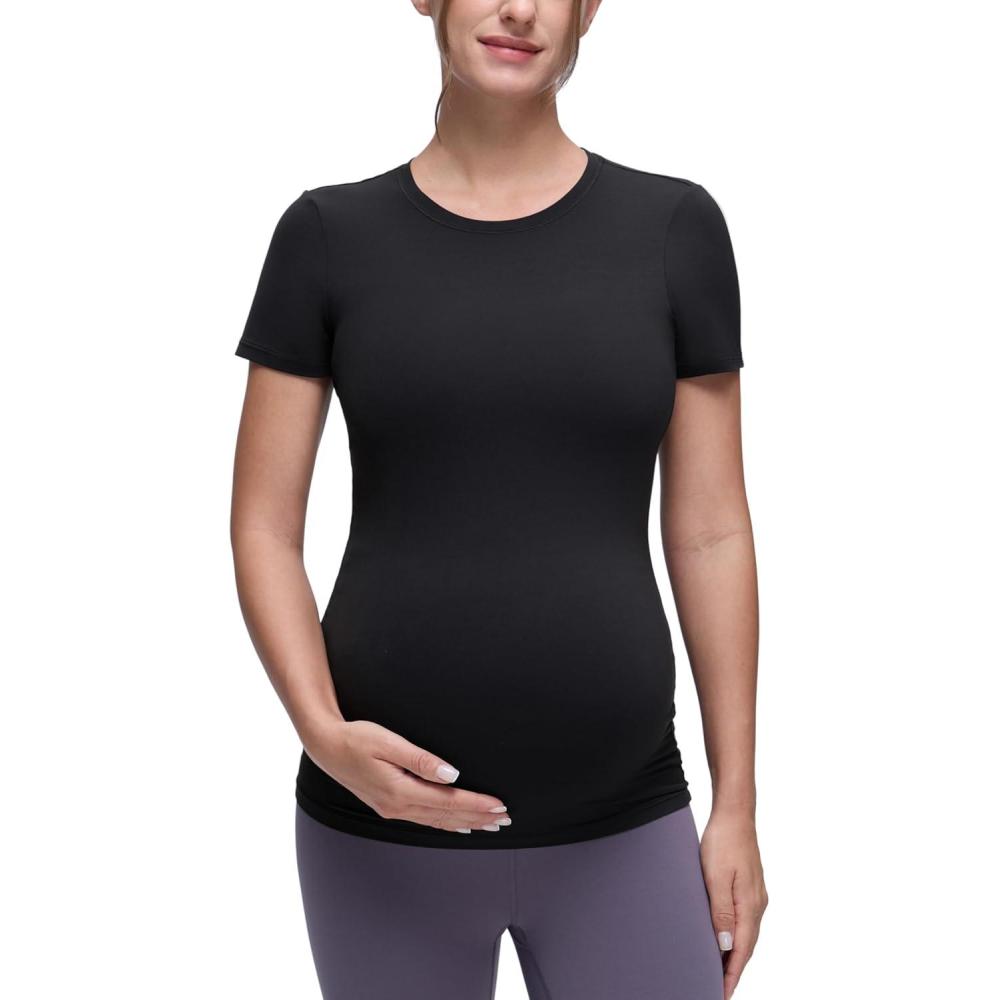 imageCRZ YOGA Softembrace Maternity Crewneck Short Sleeve Shirts Soft Casual Pregnancy Tops Going Out Basic TShirts for WomenBlack