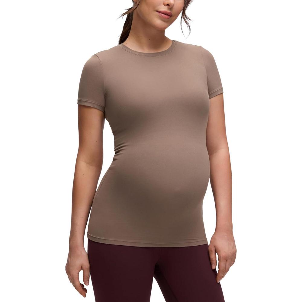 imageCRZ YOGA Softembrace Maternity Crewneck Short Sleeve Shirts Soft Casual Pregnancy Tops Going Out Basic TShirts for WomenBrown Purple
