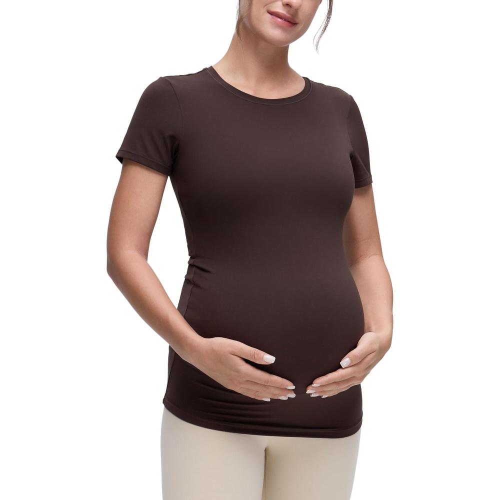 imageCRZ YOGA Softembrace Maternity Crewneck Short Sleeve Shirts Soft Casual Pregnancy Tops Going Out Basic TShirts for WomenHot Fudge Brown