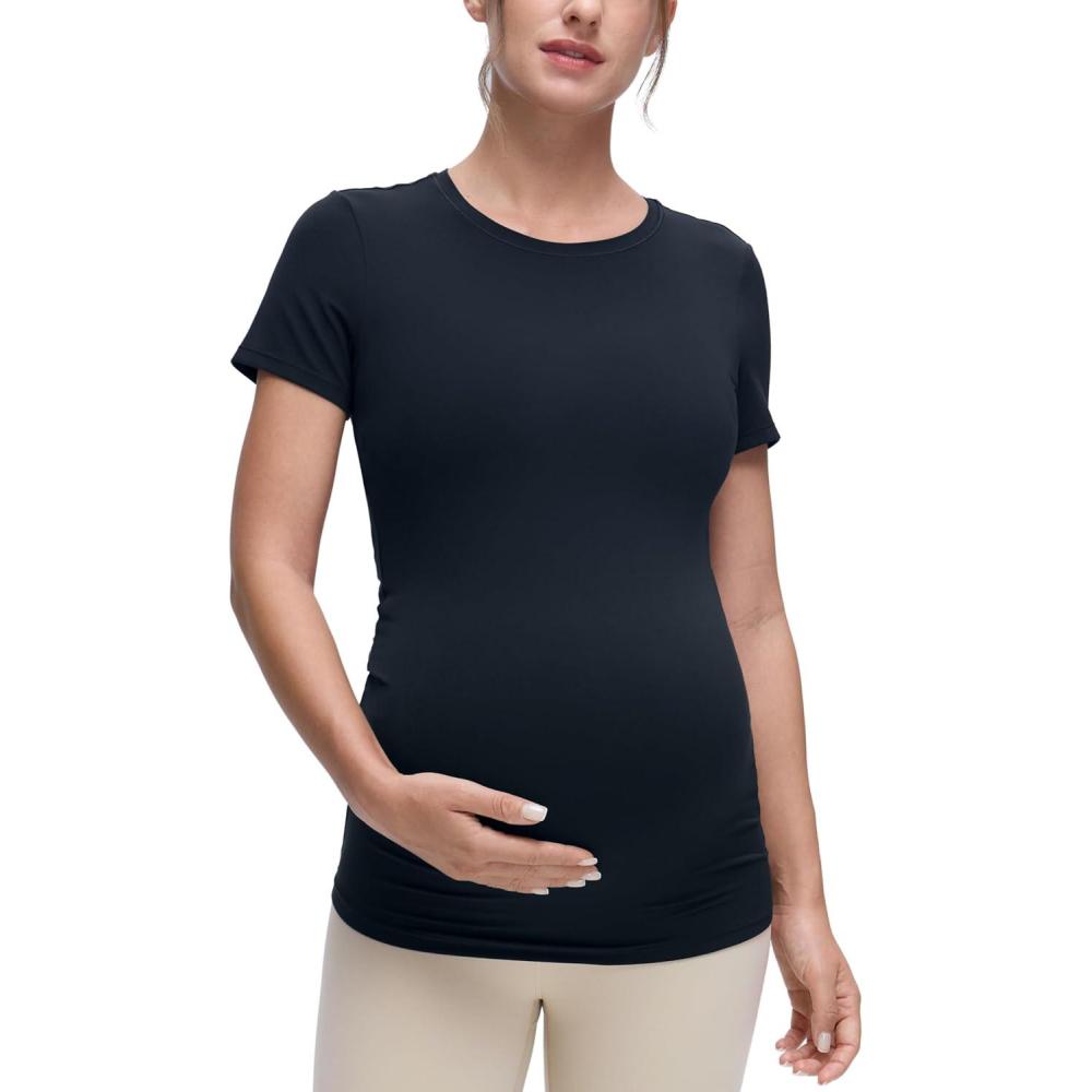 imageCRZ YOGA Softembrace Maternity Crewneck Short Sleeve Shirts Soft Casual Pregnancy Tops Going Out Basic TShirts for WomenTrue Navy