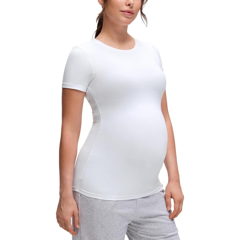imageCRZ YOGA Softembrace Maternity Crewneck Short Sleeve Shirts Soft Casual Pregnancy Tops Going Out Basic TShirts for WomenWhite