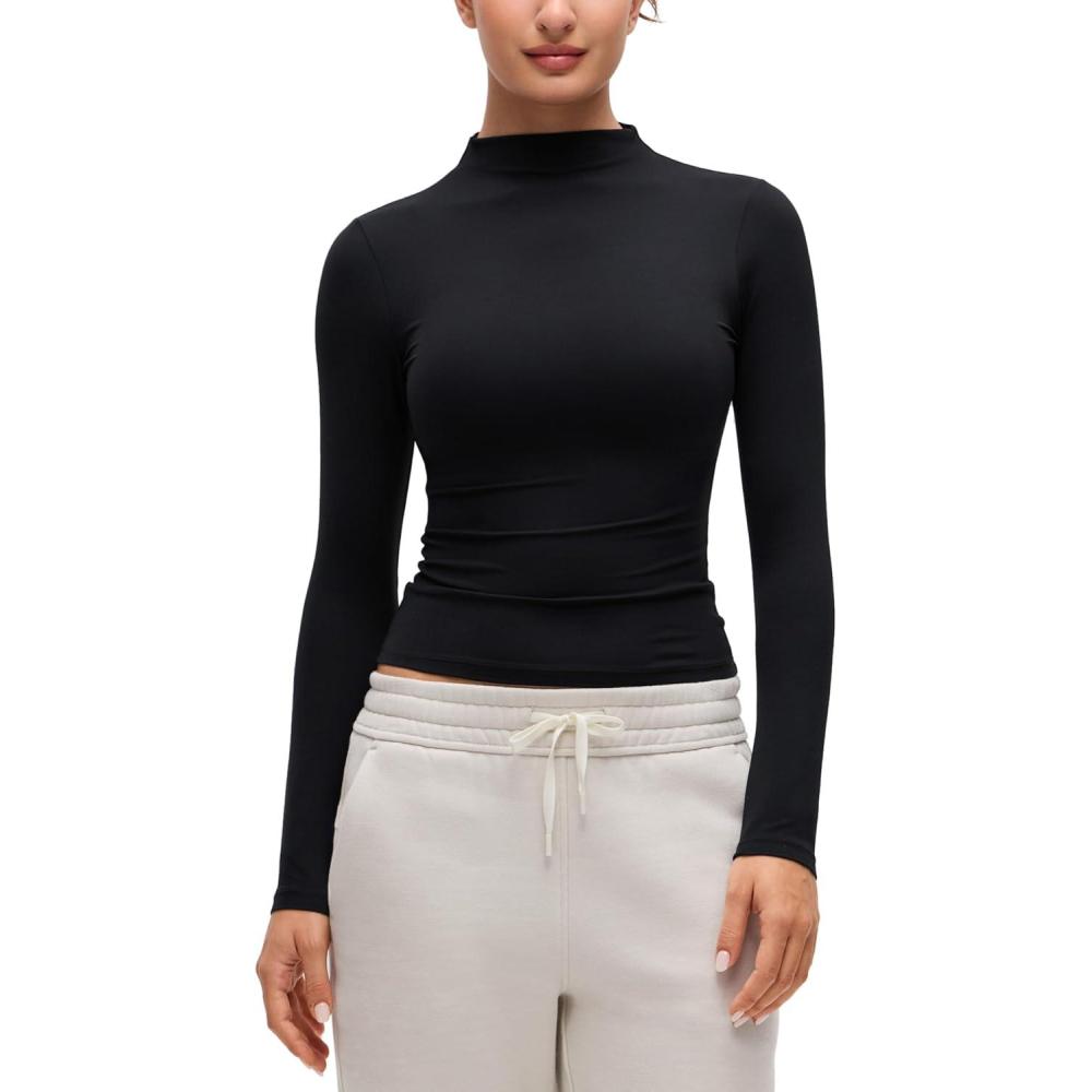 imageCRZ YOGA Softembrace Mock Neck Long Sleeve Shirts for Women Casual Going Out Comfort Tops Soft Fitted Layer Underwear TeesBlack