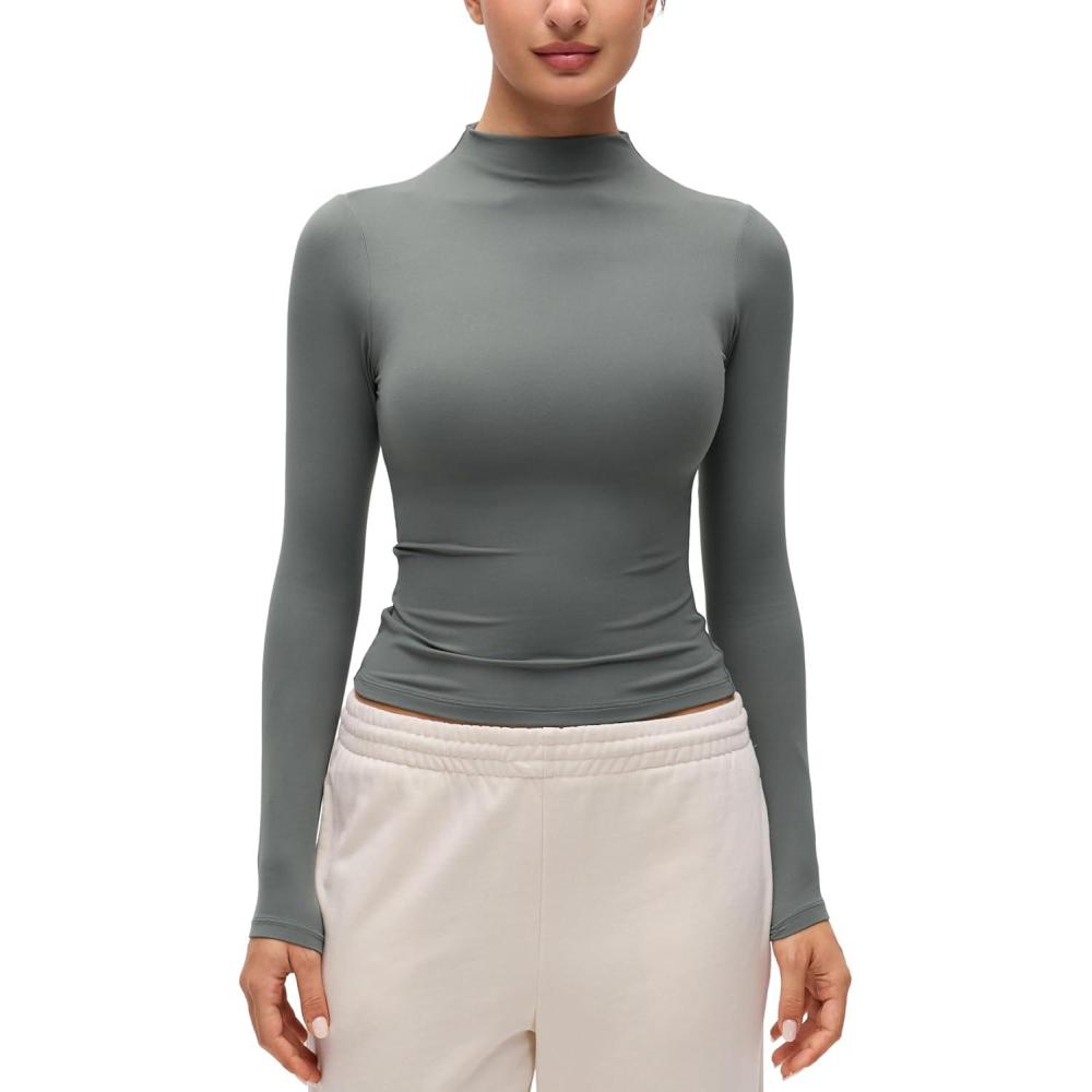 imageCRZ YOGA Softembrace Mock Neck Long Sleeve Shirts for Women Casual Going Out Comfort Tops Soft Fitted Layer Underwear TeesGrey Sage