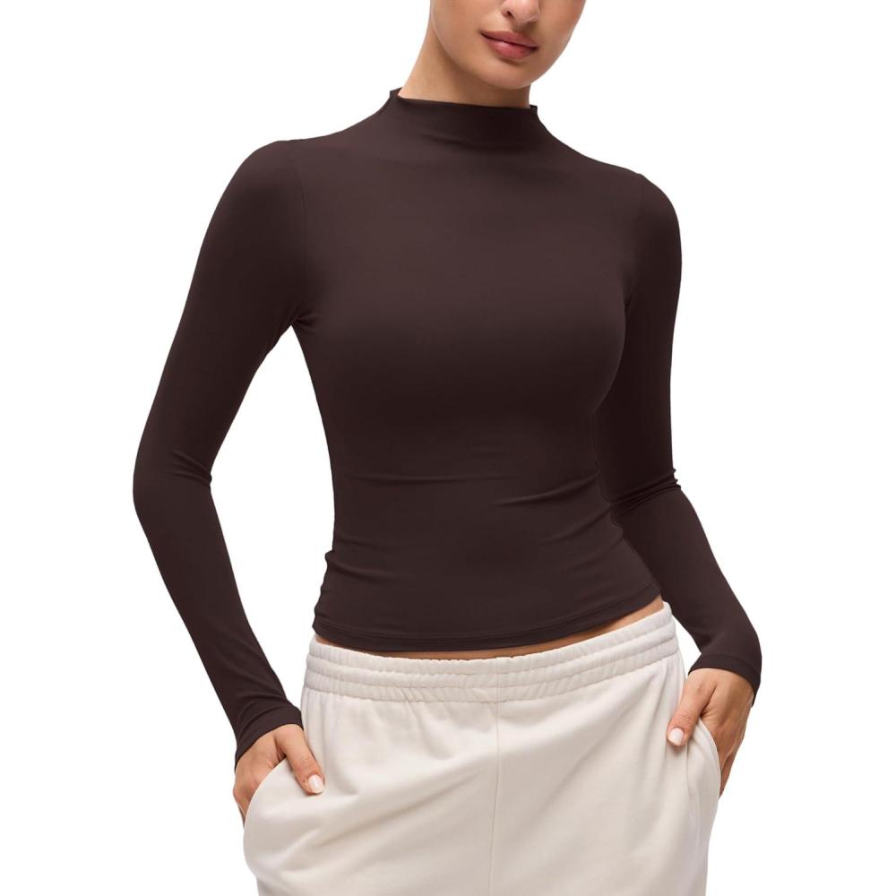 imageCRZ YOGA Softembrace Mock Neck Long Sleeve Shirts for Women Casual Going Out Comfort Tops Soft Fitted Layer Underwear TeesHot Fudge Brown