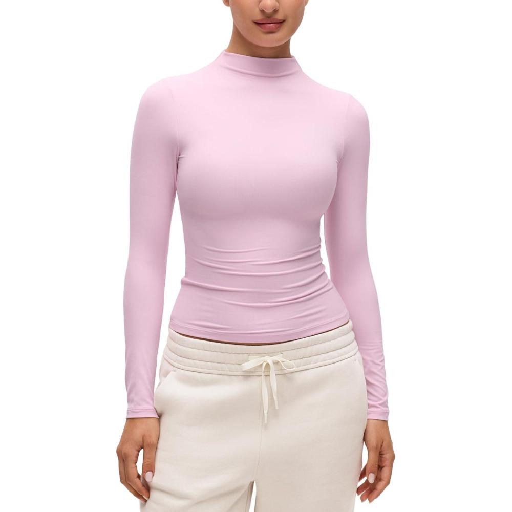 imageCRZ YOGA Softembrace Mock Neck Long Sleeve Shirts for Women Casual Going Out Comfort Tops Soft Fitted Layer Underwear TeesPink Peony