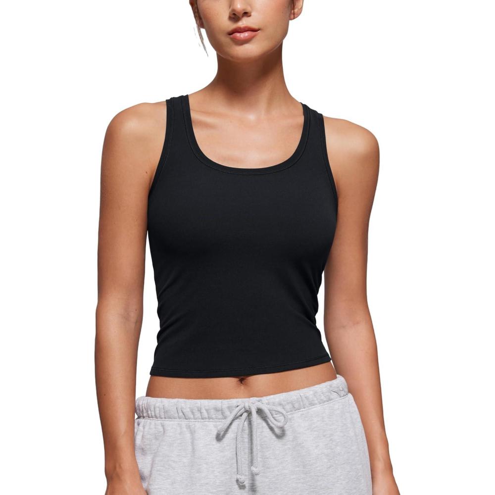 imageCRZ YOGA Softembrace Scoop Neck Tank Tops for Women Casual Going Out Soft Double Lined Crop Basic Sleeveless ShirtsBlack