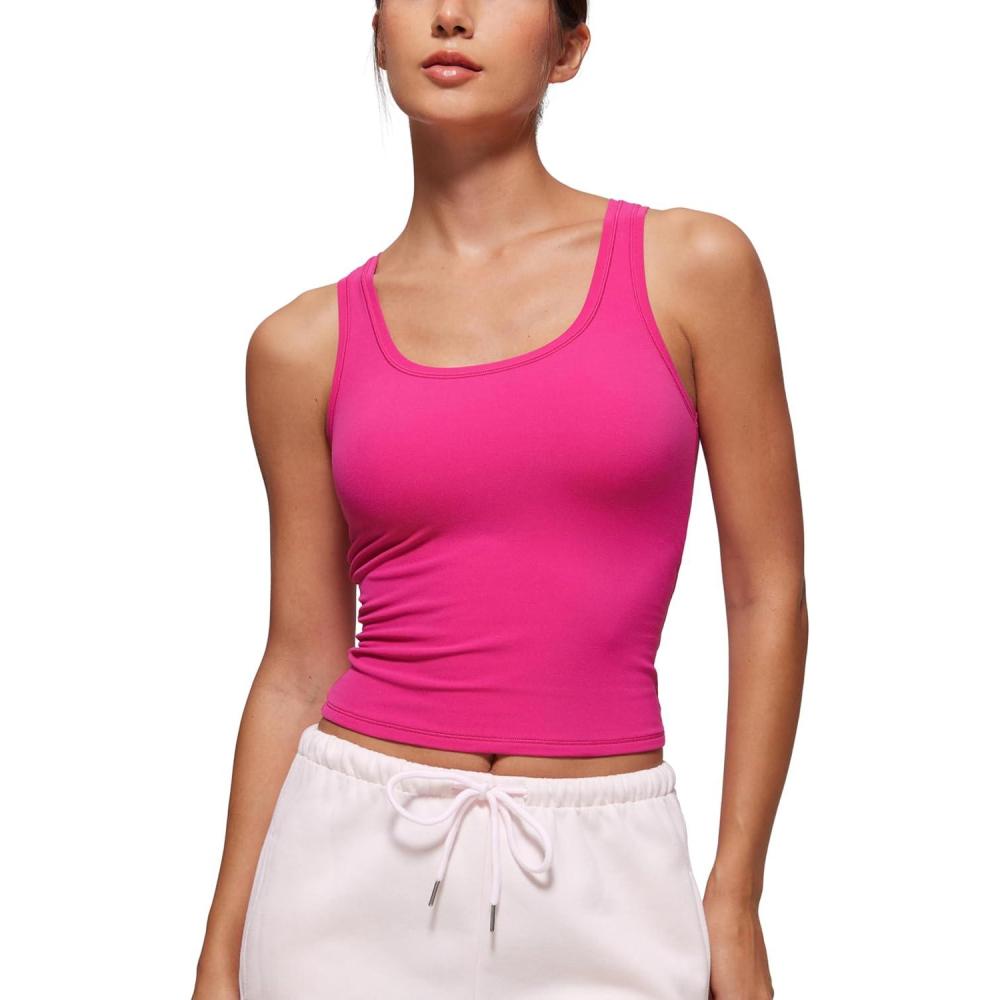 imageCRZ YOGA Softembrace Scoop Neck Tank Tops for Women Casual Going Out Soft Double Lined Crop Basic Sleeveless ShirtsGranita Pink