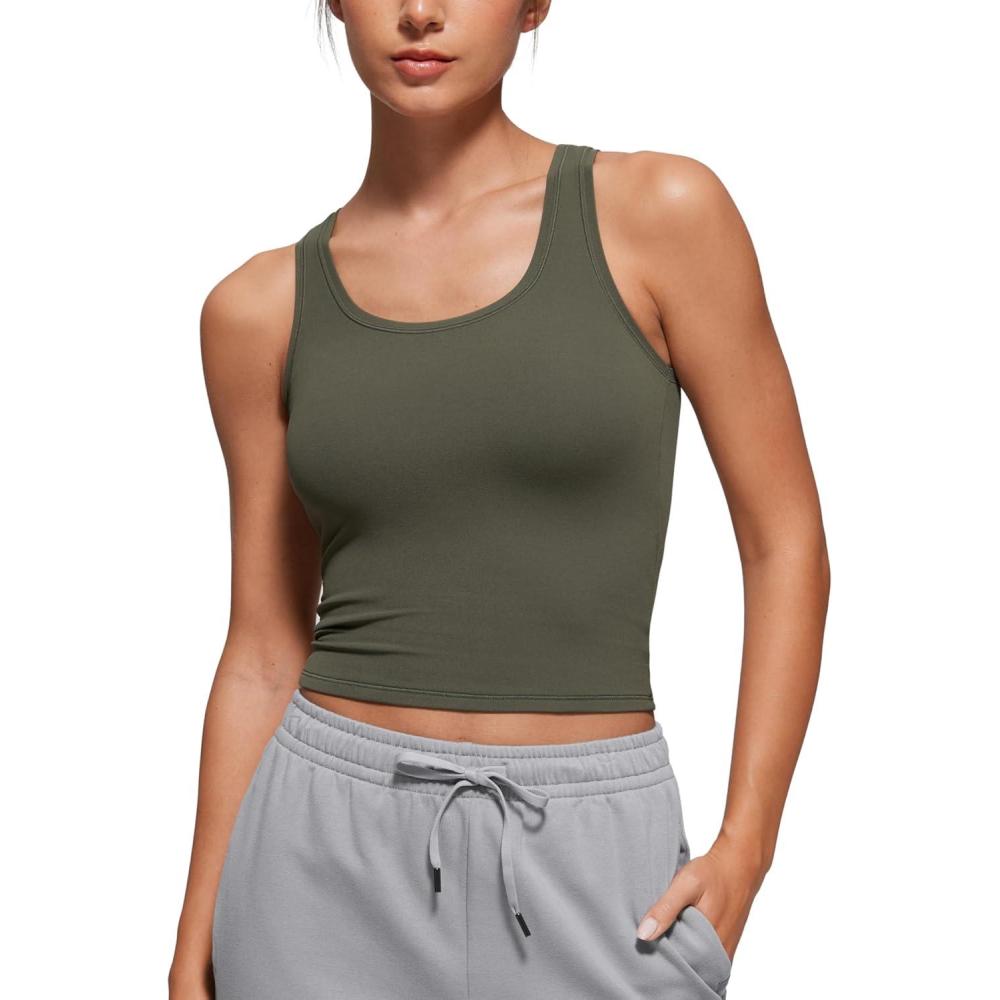 imageCRZ YOGA Softembrace Scoop Neck Tank Tops for Women Casual Going Out Soft Double Lined Crop Basic Sleeveless ShirtsLight Army Green