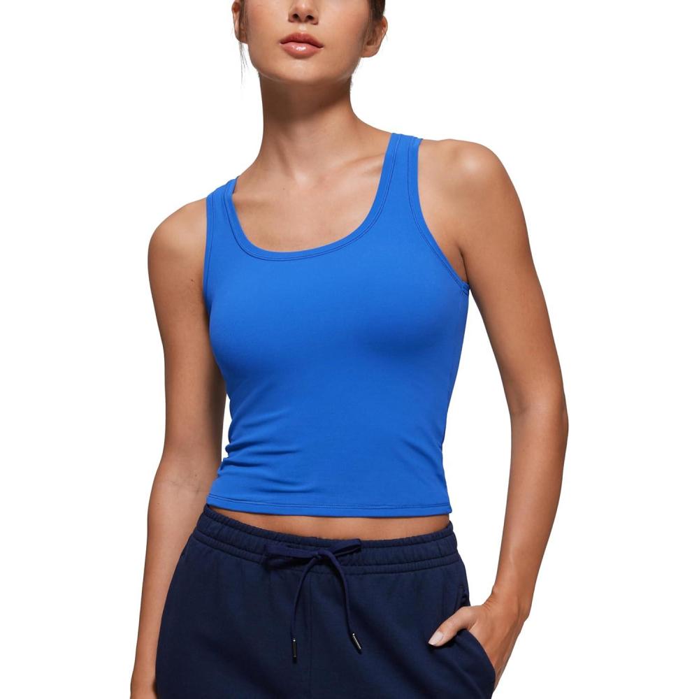 imageCRZ YOGA Softembrace Scoop Neck Tank Tops for Women Casual Going Out Soft Double Lined Crop Basic Sleeveless ShirtsSparkle Blue