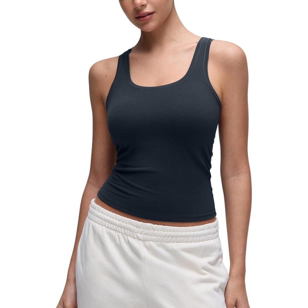 imageCRZ YOGA Softembrace Scoop Neck Tank Tops for Women Casual Going Out Soft Double Lined Crop Basic Sleeveless ShirtsTrue Navy