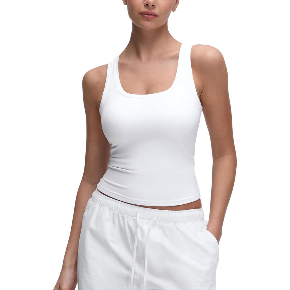 imageCRZ YOGA Softembrace Scoop Neck Tank Tops for Women Casual Going Out Soft Double Lined Crop Basic Sleeveless ShirtsWhite