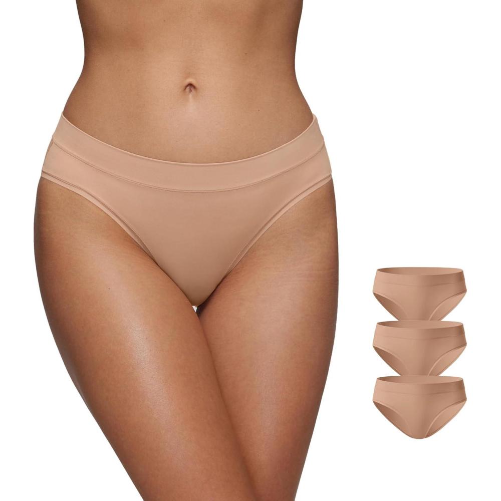 imageCRZ YOGA Softhold Bikini Underwear for Women Sexy Tagless Hipster Stretch Breathable Ladies Cheeky Panties 3 PackWarm Beige 3pack
