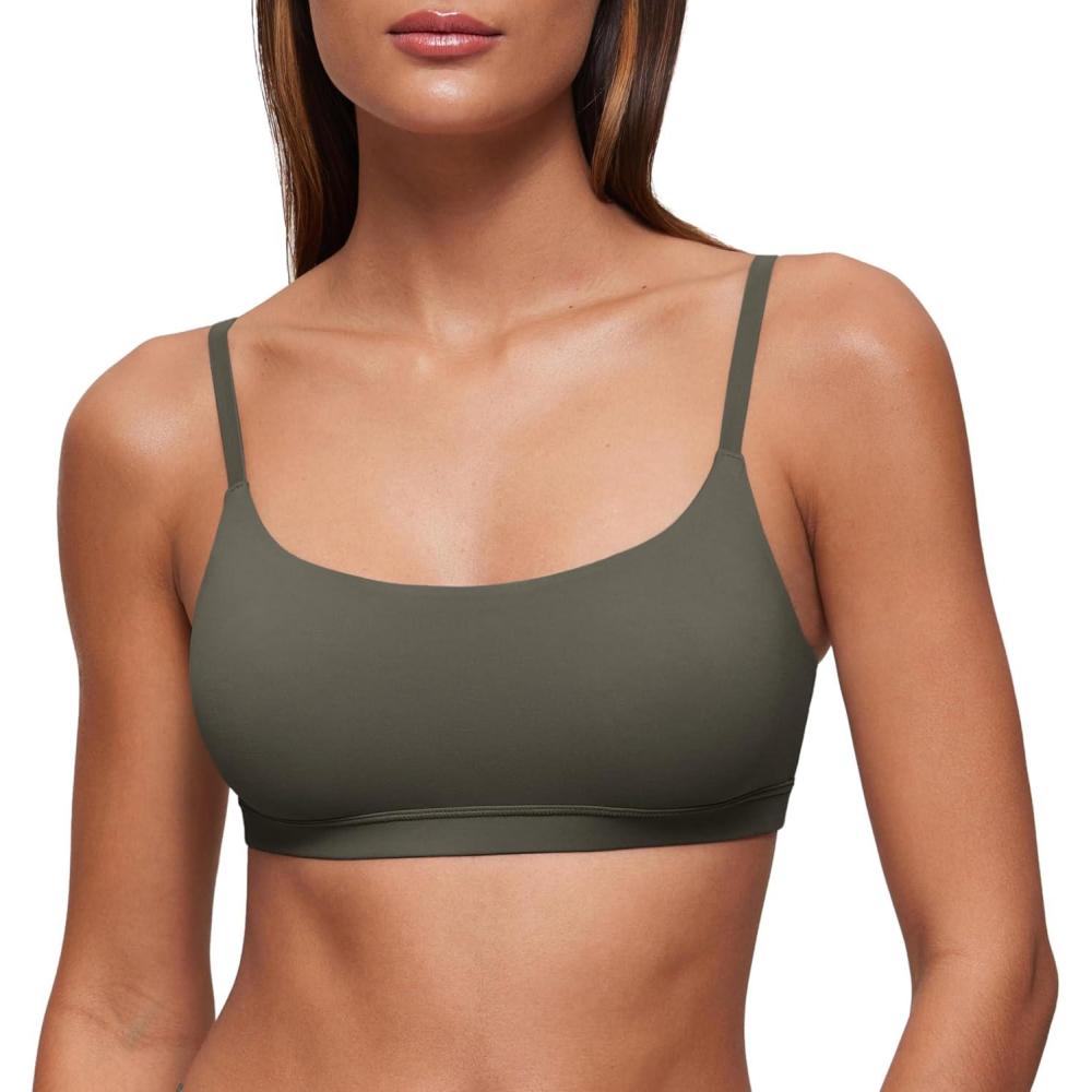 imageCRZ YOGA Softhold Double Lined Scoop Neck Bralette Womens Adjustable Straps Cami Wireless Sleep TShirt Everyday BraLight Army Green