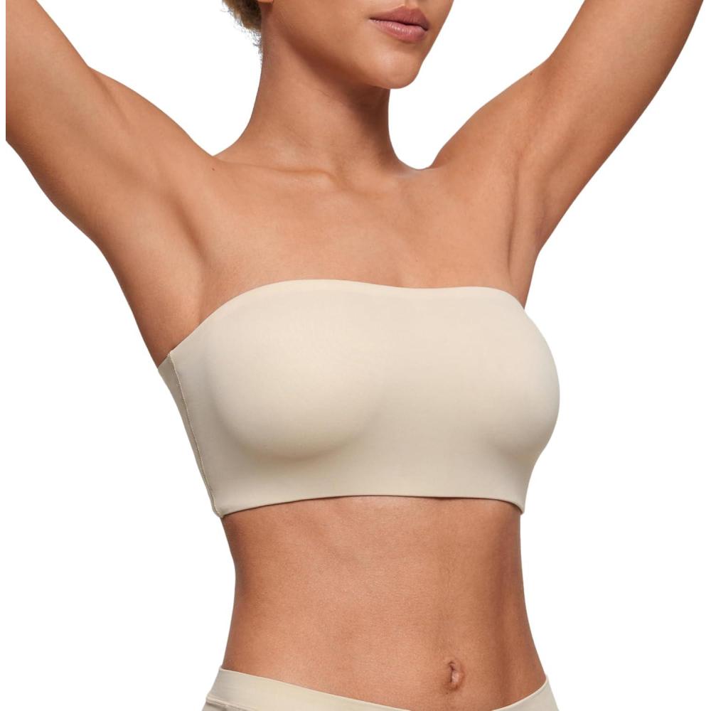 imageCRZ YOGA Softhold Double Lined Strapless Bralette Stretchy Smooth Womens Tube Tops Bandeau Wireless TShirt Everyday BraMojave Tan 2