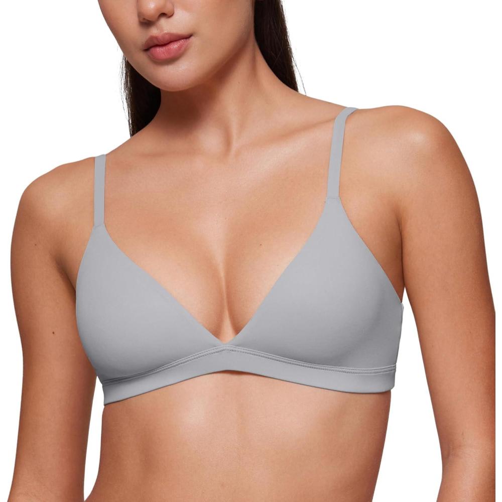 imageCRZ YOGA Softhold Double Lined Triangle Bralette Womens Adjustable Straps Wireless Cami Plunge TShirt Everyday Bra ComfyRhino Grey