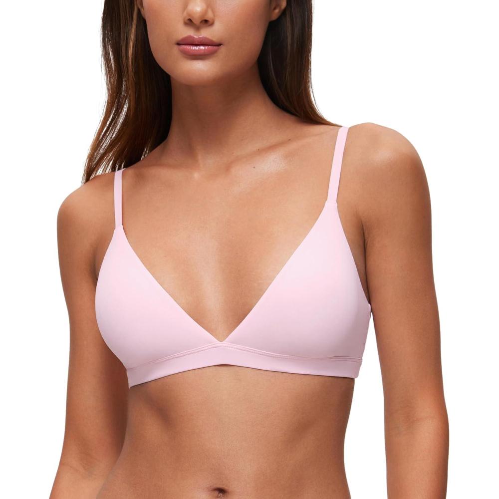 imageCRZ YOGA Softhold Double Lined Triangle Bralette Womens Adjustable Straps Wireless Cami Plunge TShirt Everyday Bra ComfyStrawberry Pink