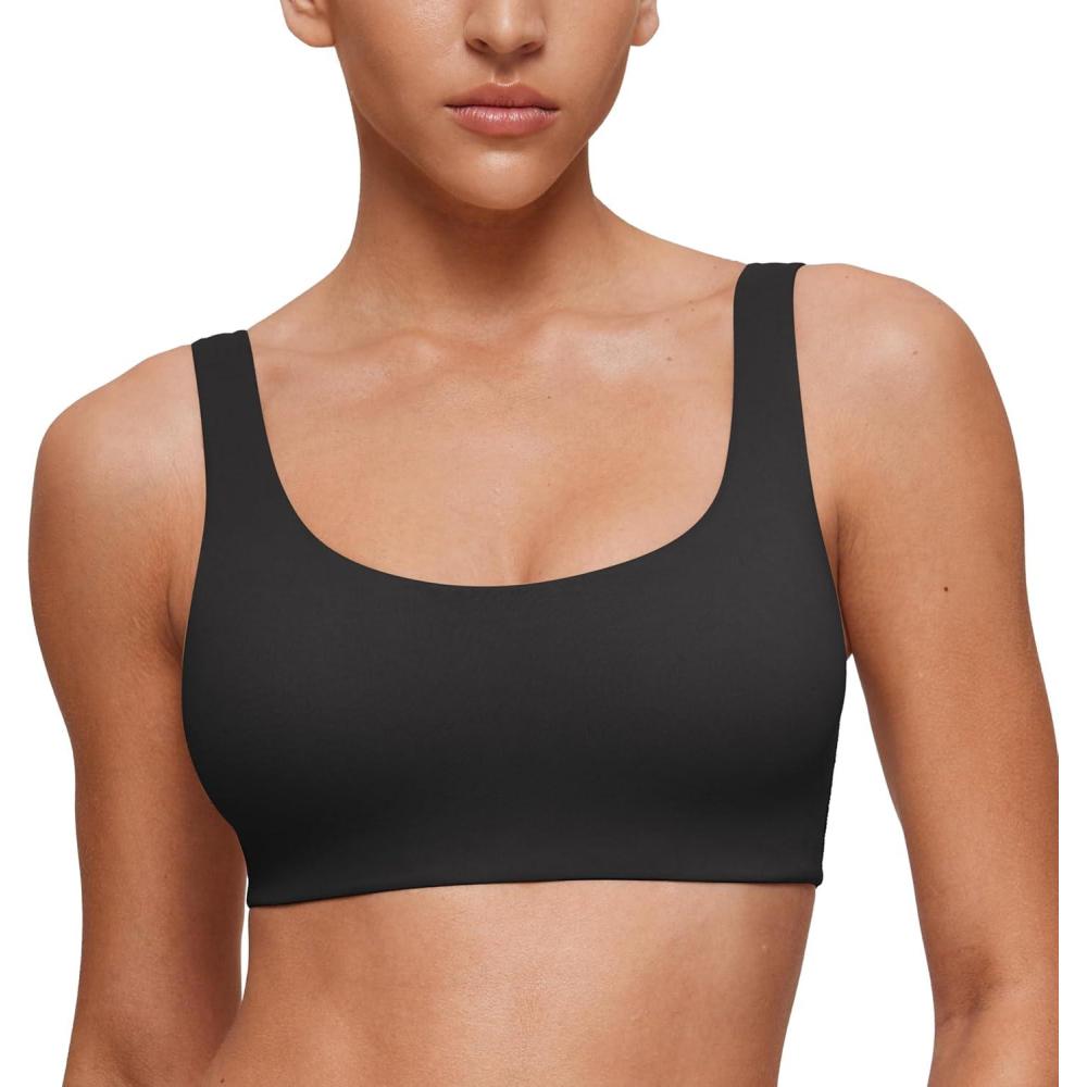imageCRZ YOGA Softhold Double Lined U Back Bralette Womens Scoop Neck Lounge TShirt Everyday Bras Smooth Wireless CamiBlack