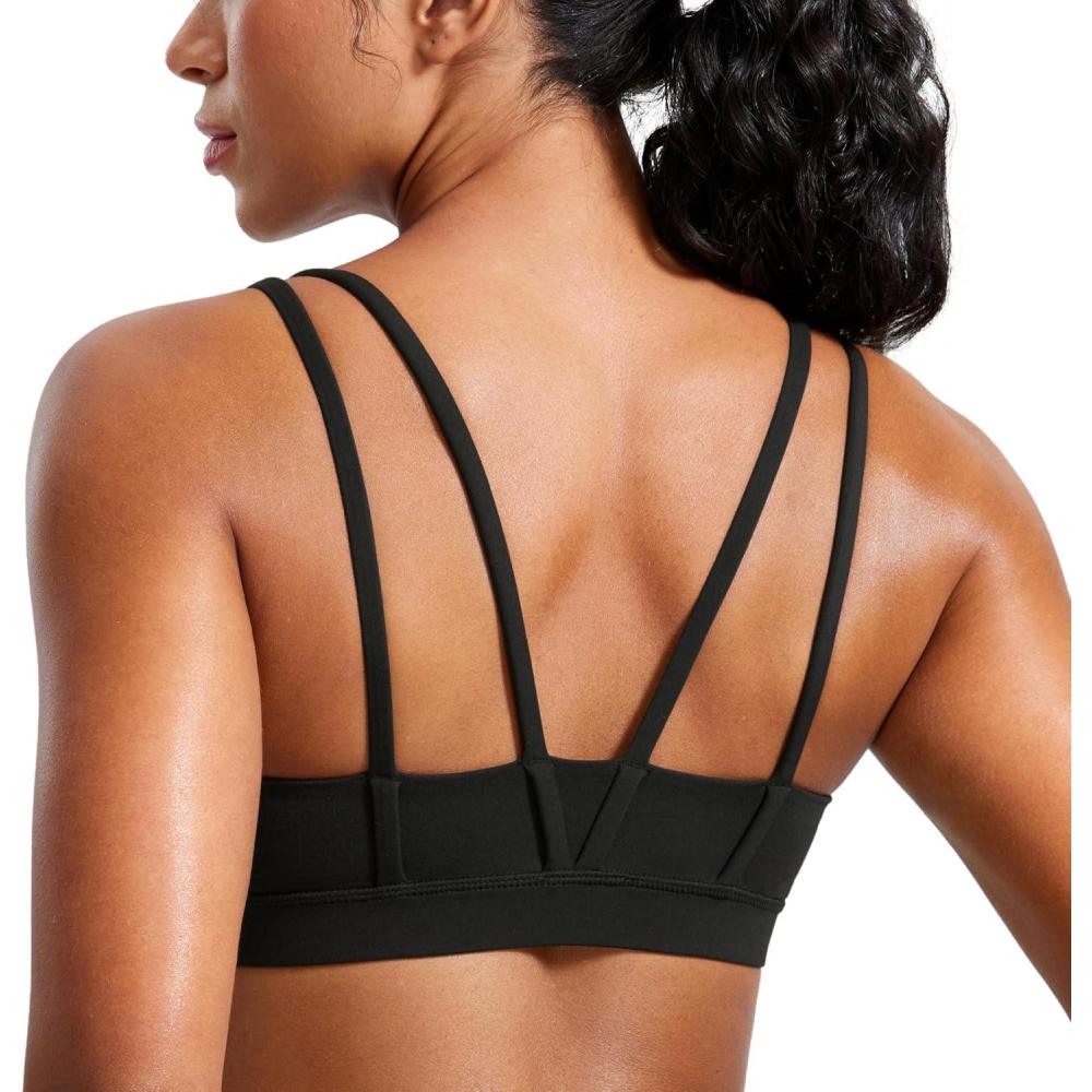 imageCRZ YOGA Softness Mold Butterluxe V Neck Sports Bras for Women Workout Top Double Spaghetti Straps Wireless Yoga ClothesBlack