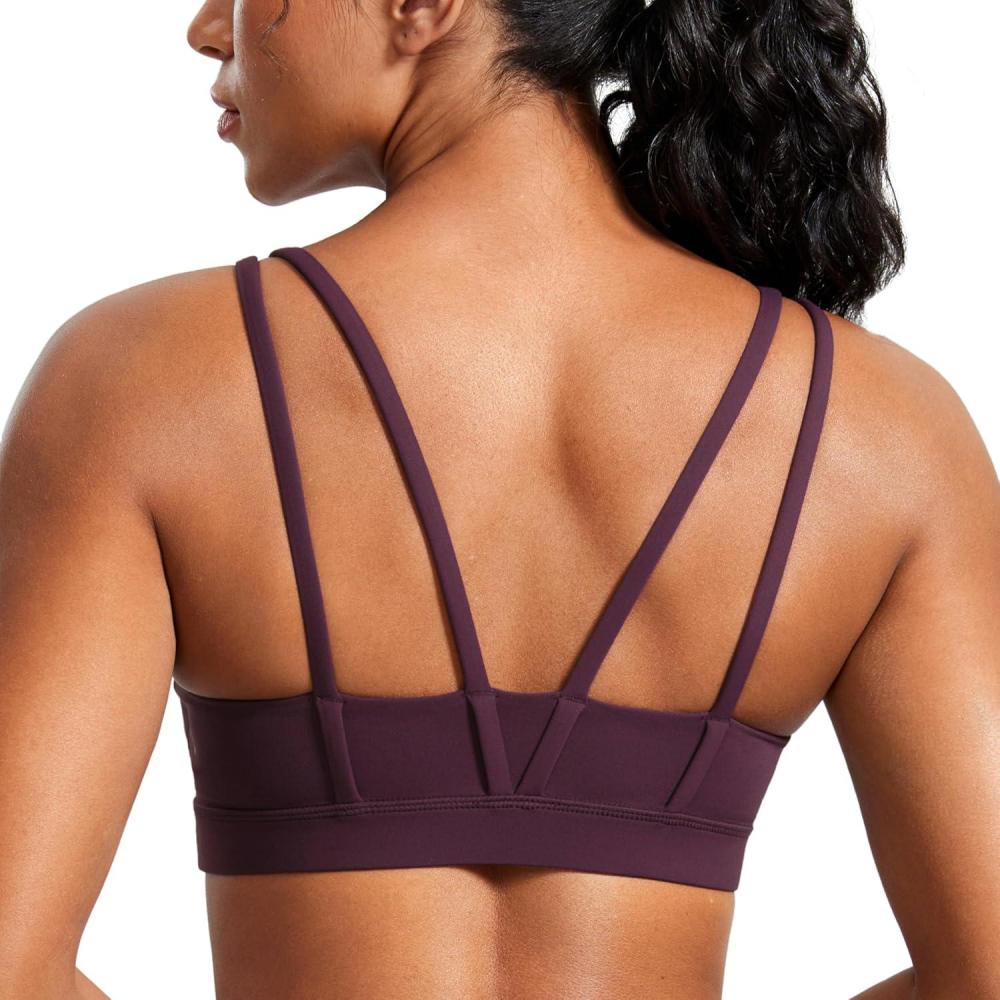 imageCRZ YOGA Softness Mold Butterluxe V Neck Sports Bras for Women Workout Top Double Spaghetti Straps Wireless Yoga ClothesDeep Purple