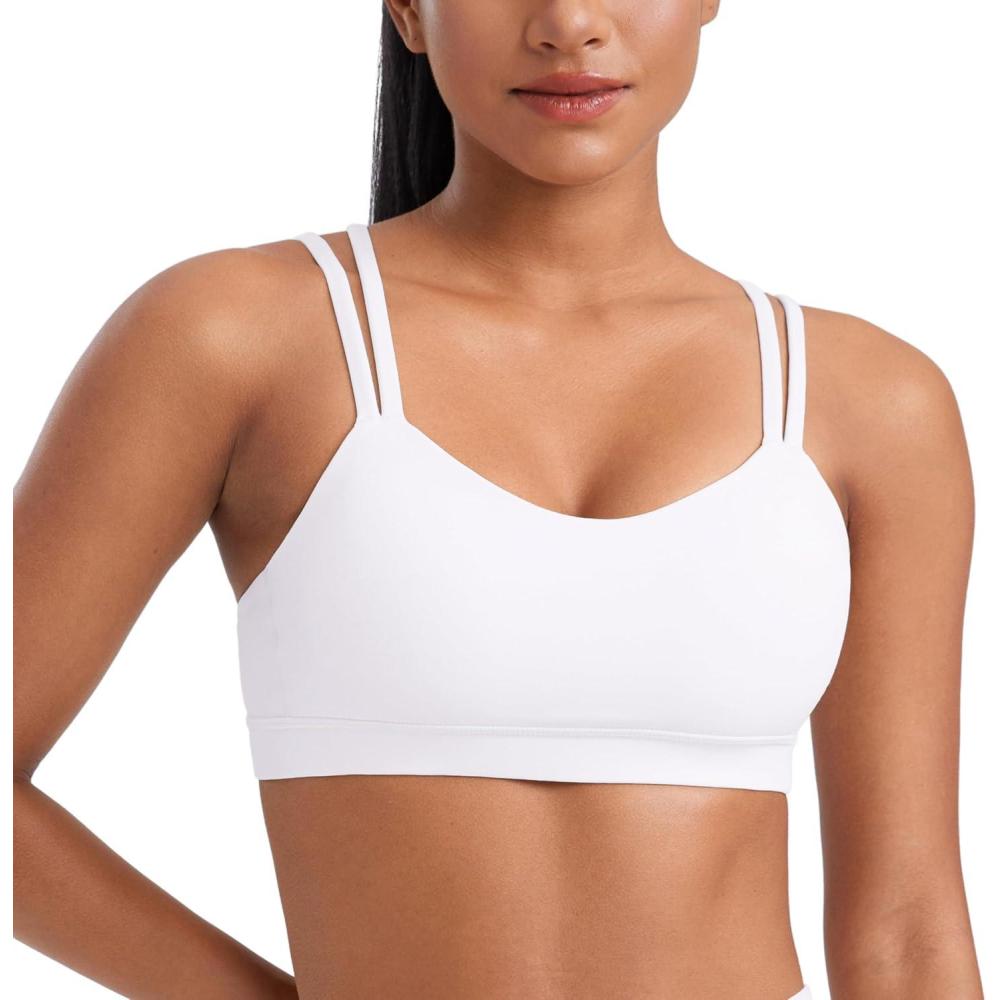 imageCRZ YOGA Softness Mold Butterluxe V Neck Sports Bras for Women Workout Top Double Spaghetti Straps Wireless Yoga ClothesWhite