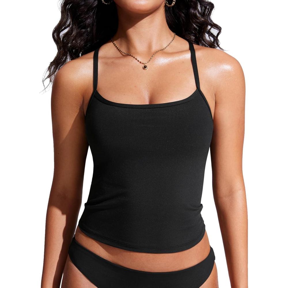 imageCRZ YOGA Spaghetti Straps Tankini Tops for Women Padded Racerback Scoop Neck Bathing Suit Crop Swim TankBlack