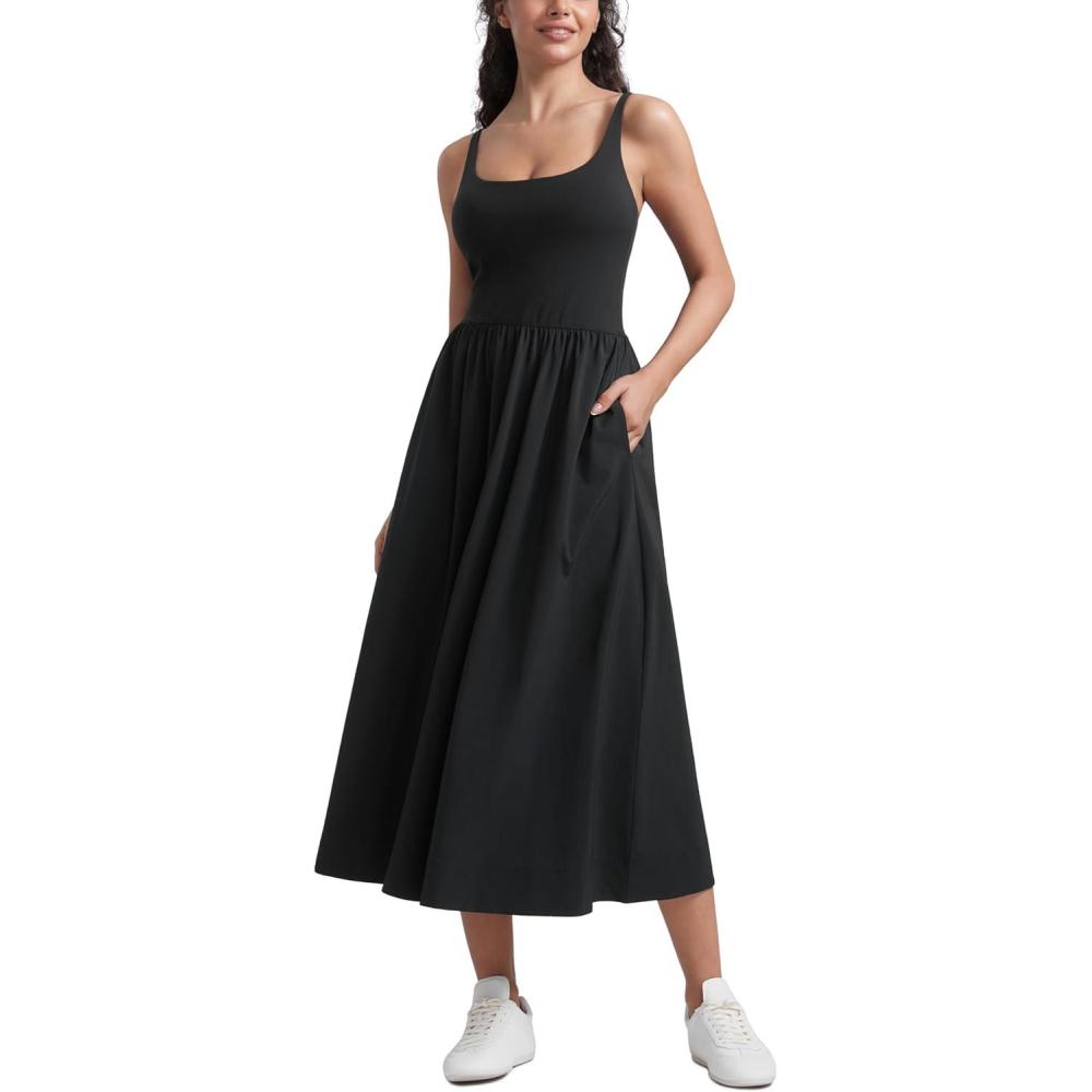 imageCRZ YOGA Square Neck Maxi Dress for Women Flowy Sleeveless Padded Travel Casual Outfits with Side PocketsBlack