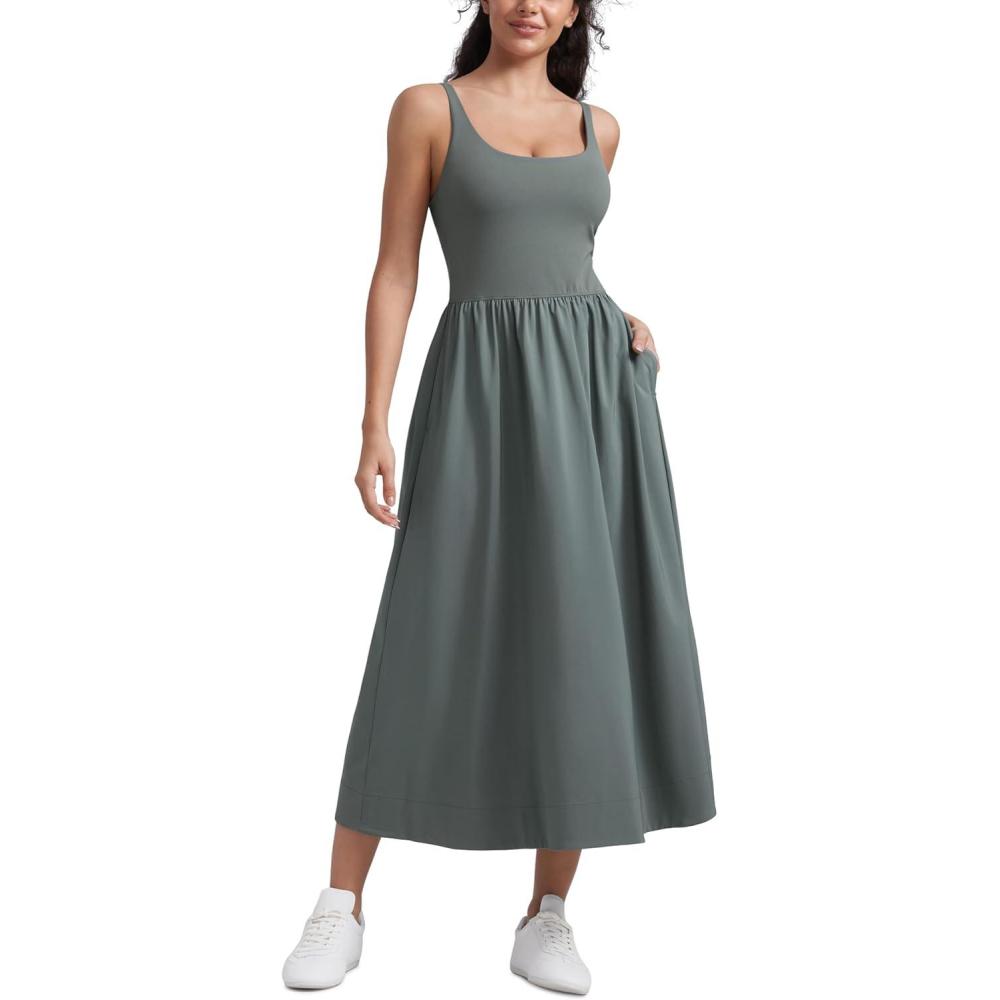 imageCRZ YOGA Square Neck Maxi Dress for Women Flowy Sleeveless Padded Travel Casual Outfits with Side PocketsGrey Sage