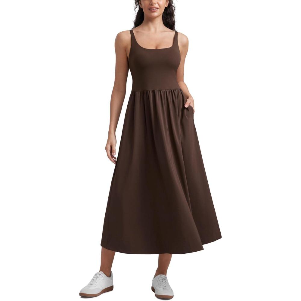 imageCRZ YOGA Square Neck Maxi Dress for Women Flowy Sleeveless Padded Travel Casual Outfits with Side PocketsHot Fudge Brown