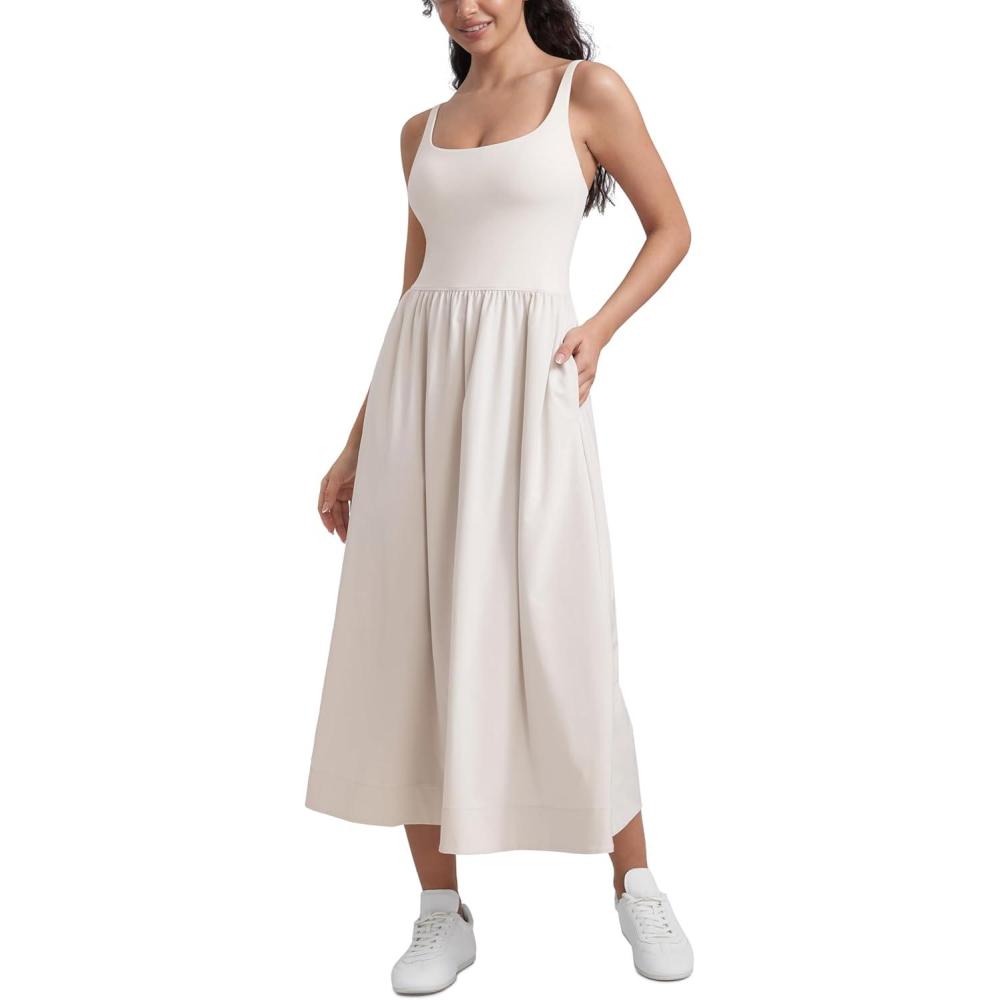 imageCRZ YOGA Square Neck Maxi Dress for Women Flowy Sleeveless Padded Travel Casual Outfits with Side PocketsMilky White