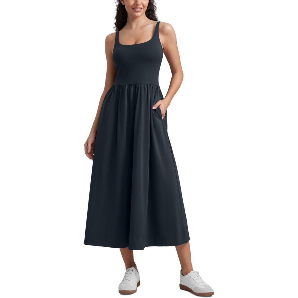imageCRZ YOGA Square Neck Maxi Dress for Women Flowy Sleeveless Padded Travel Casual Outfits with Side PocketsTrue Navy