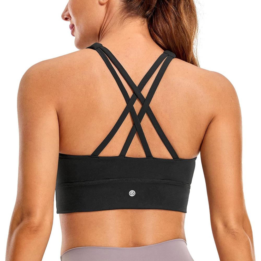 imageCRZ YOGA Womens Butterluxe Strappy High Neck Longline Sports Bra Wireless Criss Cross Back Padded Workout Cropped TopBlack