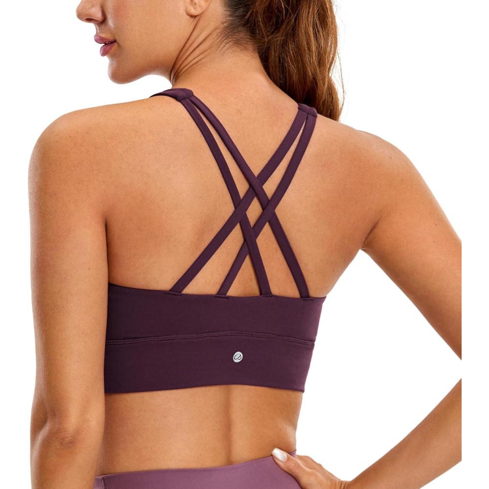 imageCRZ YOGA Womens Butterluxe Strappy High Neck Longline Sports Bra Wireless Criss Cross Back Padded Workout Cropped TopDeep Purple