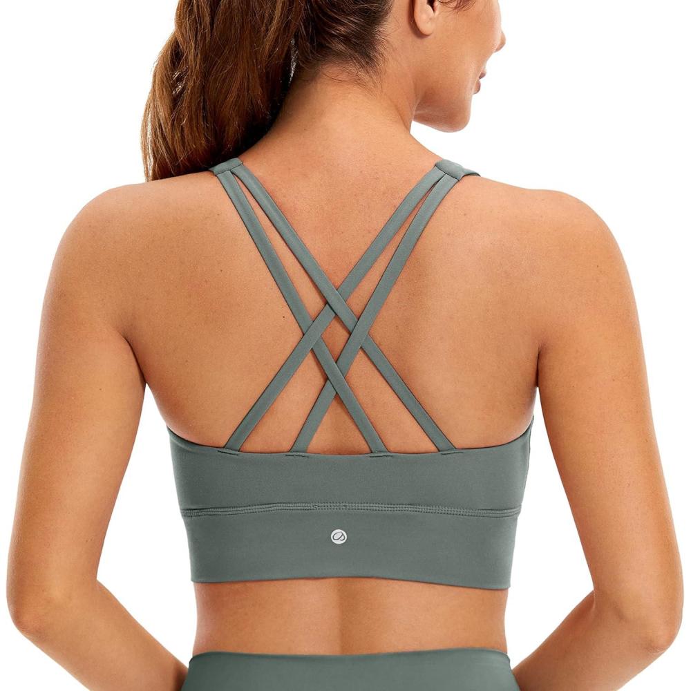 imageCRZ YOGA Womens Butterluxe Strappy High Neck Longline Sports Bra Wireless Criss Cross Back Padded Workout Cropped TopGrey Sage