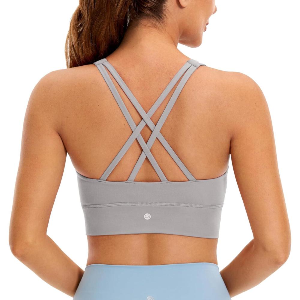 imageCRZ YOGA Womens Butterluxe Strappy High Neck Longline Sports Bra Wireless Criss Cross Back Padded Workout Cropped TopGull Gray