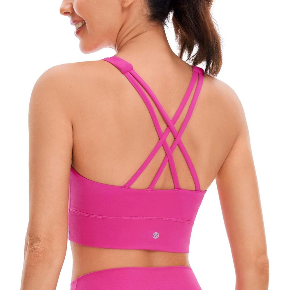 imageCRZ YOGA Womens Butterluxe Strappy High Neck Longline Sports Bra Wireless Criss Cross Back Padded Workout Cropped TopHibiscus Purple
