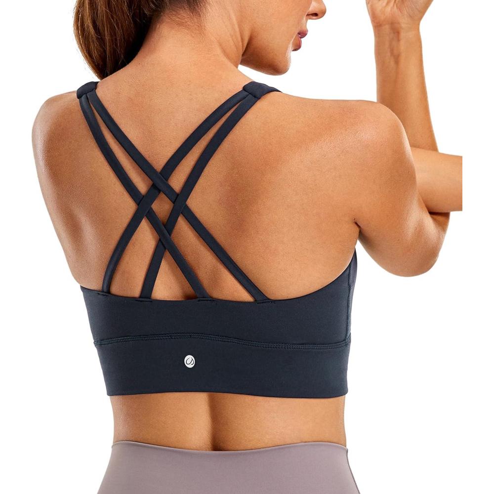 imageCRZ YOGA Womens Butterluxe Strappy High Neck Longline Sports Bra Wireless Criss Cross Back Padded Workout Cropped TopTrue Navy