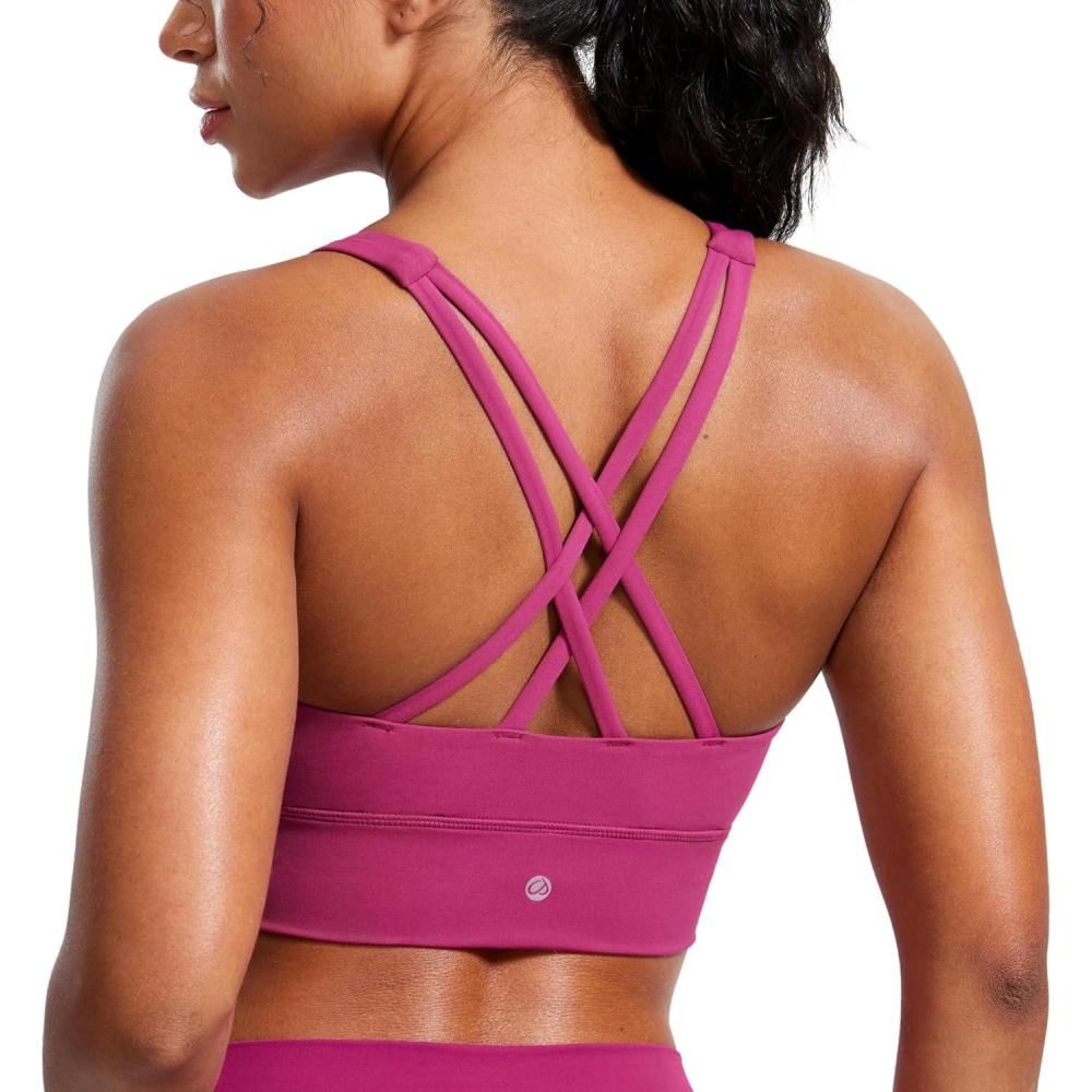 imageCRZ YOGA Womens Butterluxe Strappy High Neck Longline Sports Bra Wireless Criss Cross Back Padded Workout Cropped TopWashed Mauve