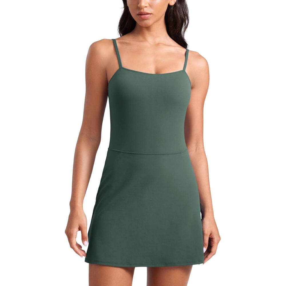 imageCRZ YOGA Womens Butterluxe Tennis Dress Spaghetti Strap Casual Athletic Sports Outfits with Builtin Shorts and BrasDark Forest Green