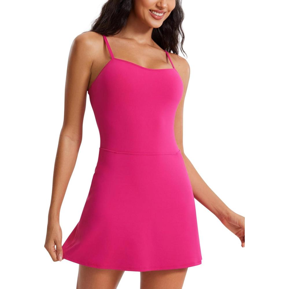 imageCRZ YOGA Womens Butterluxe Tennis Dress Spaghetti Strap Casual Athletic Sports Outfits with Builtin Shorts and BrasGranita Pink