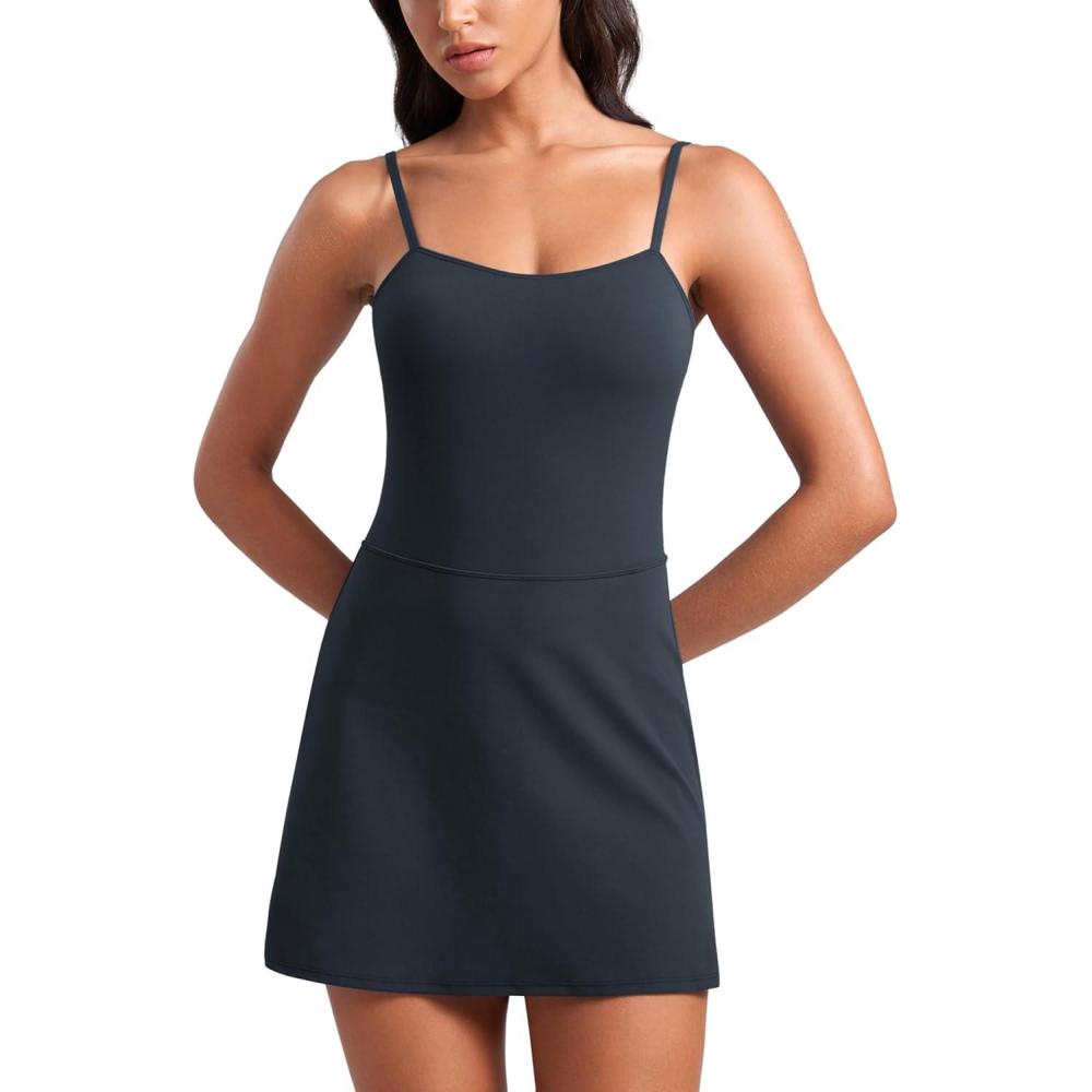 imageCRZ YOGA Womens Butterluxe Tennis Dress Spaghetti Strap Casual Athletic Sports Outfits with Builtin Shorts and BrasTrue Navy