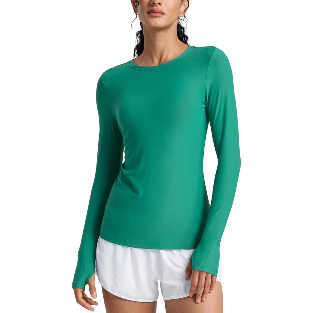 imageCRZ YOGA Womens Cloudweight Long Sleeve Workout Tops Lightweight Athletic Basic Shirts Soft Casual TShirt with Thumb HoleCascadia Green