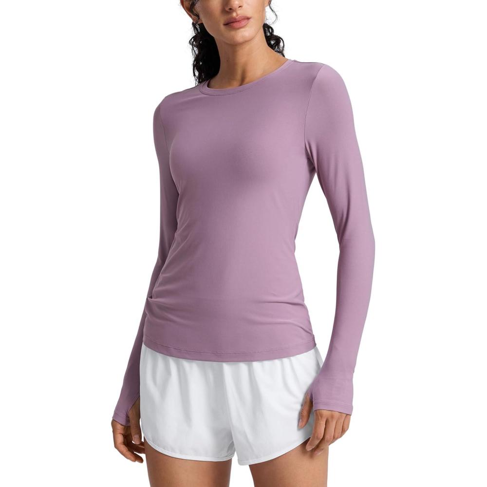 imageCRZ YOGA Womens Cloudweight Long Sleeve Workout Tops Lightweight Athletic Basic Shirts Soft Casual TShirt with Thumb HoleLight Lavender