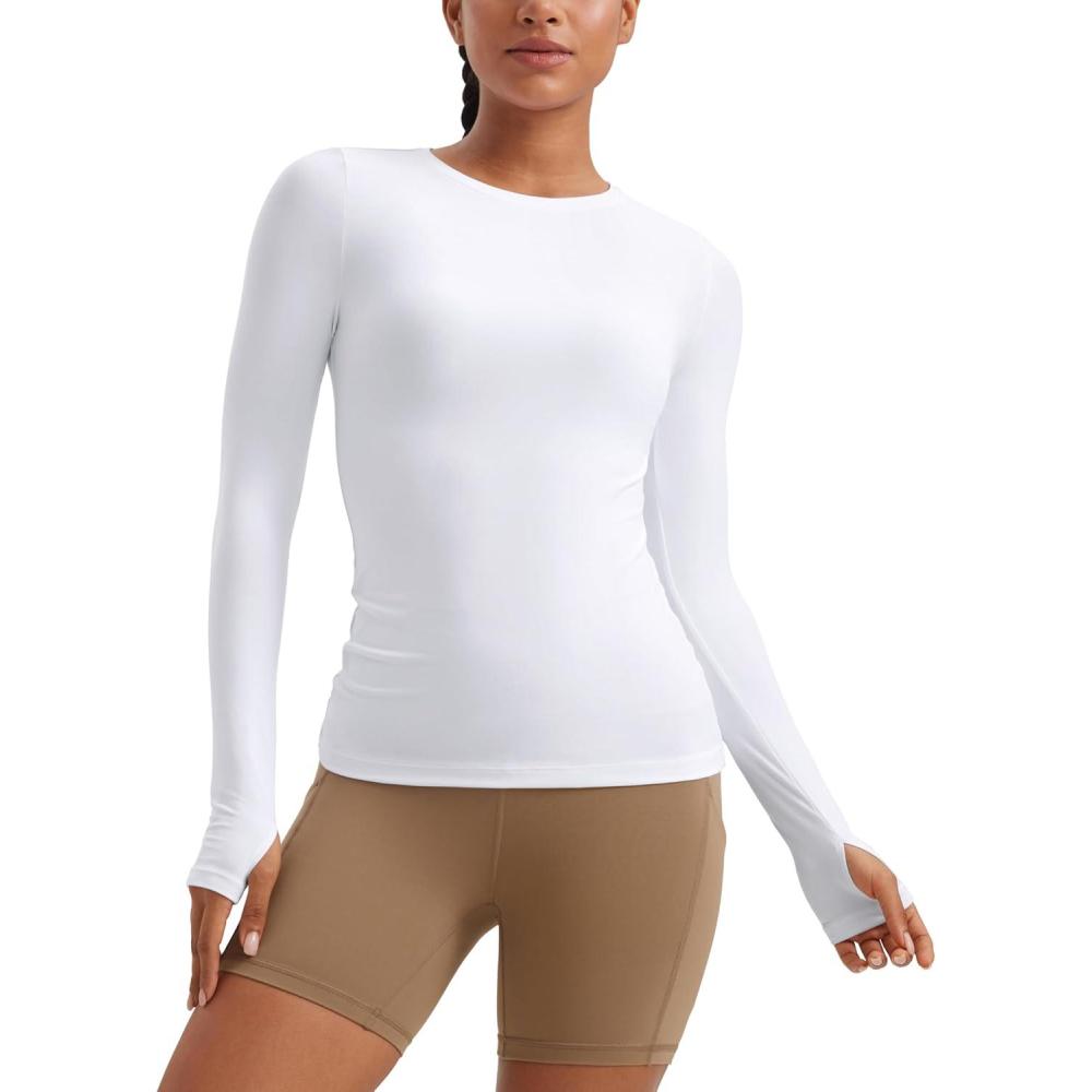 imageCRZ YOGA Womens Cloudweight Long Sleeve Workout Tops Lightweight Athletic Basic Shirts Soft Casual TShirt with Thumb HoleWhite