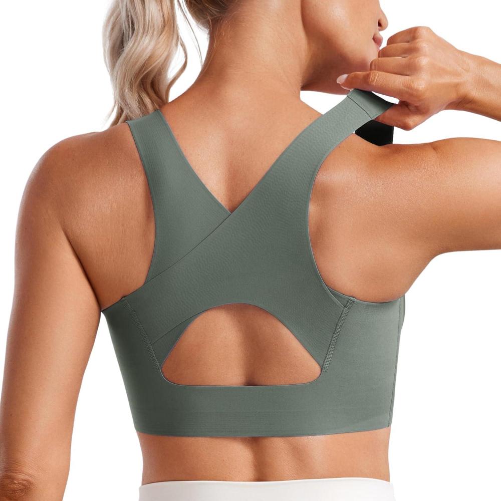 imageCRZ YOGA Womens Flex Sculpt Racerback Sports Bra U Neck Medium Impact Padded Wireless Workout Gym Crop TopGrey Sage