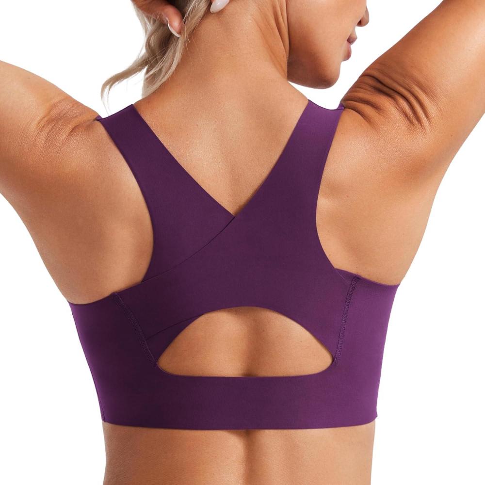 imageCRZ YOGA Womens Flex Sculpt Racerback Sports Bra U Neck Medium Impact Padded Wireless Workout Gym Crop TopPlum Magenta