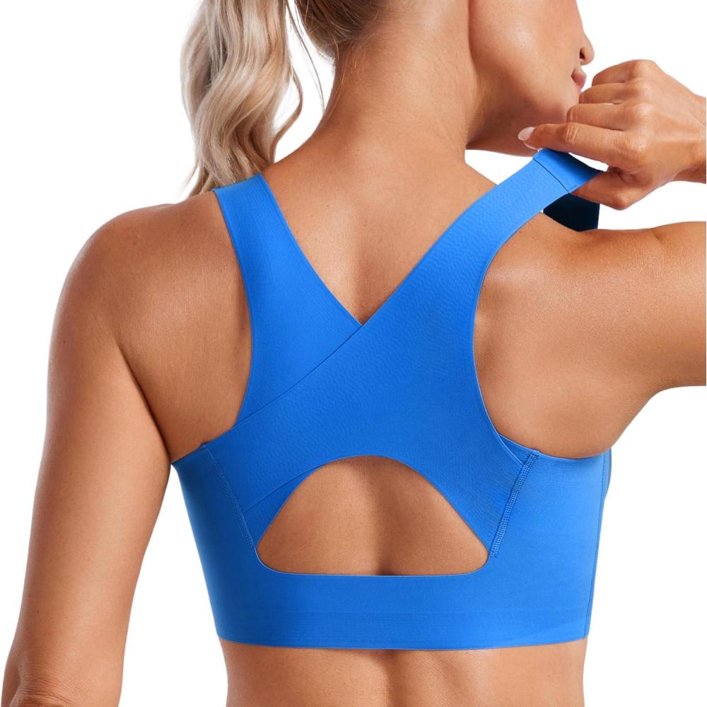 imageCRZ YOGA Womens Flex Sculpt Racerback Sports Bra U Neck Medium Impact Padded Wireless Workout Gym Crop TopSparkle Blue