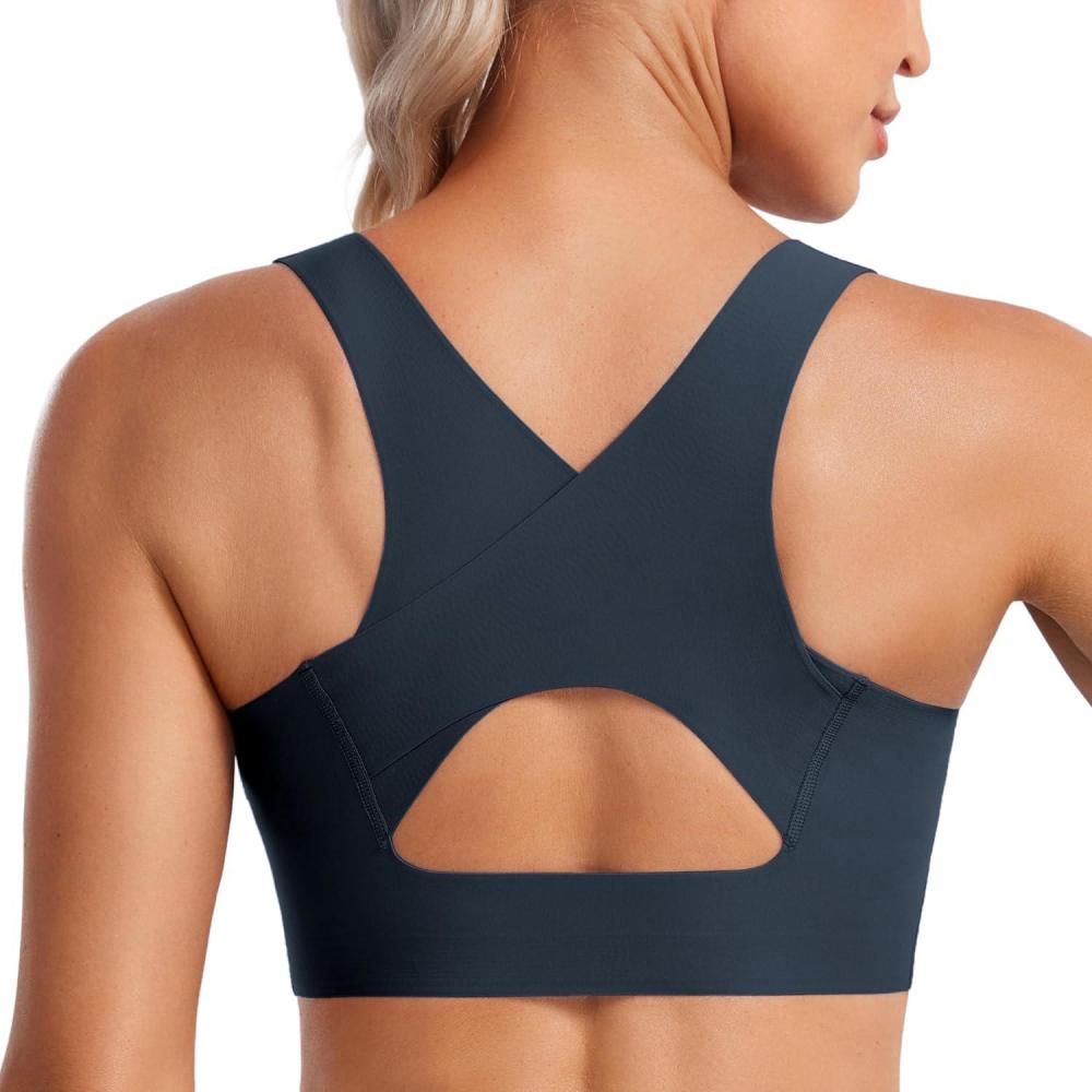 imageCRZ YOGA Womens Flex Sculpt Racerback Sports Bra U Neck Medium Impact Padded Wireless Workout Gym Crop TopTrue Navy
